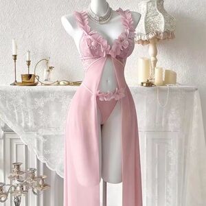 Pink Floral Lace Long Sheer Nightgown Set bust 95-100 cm